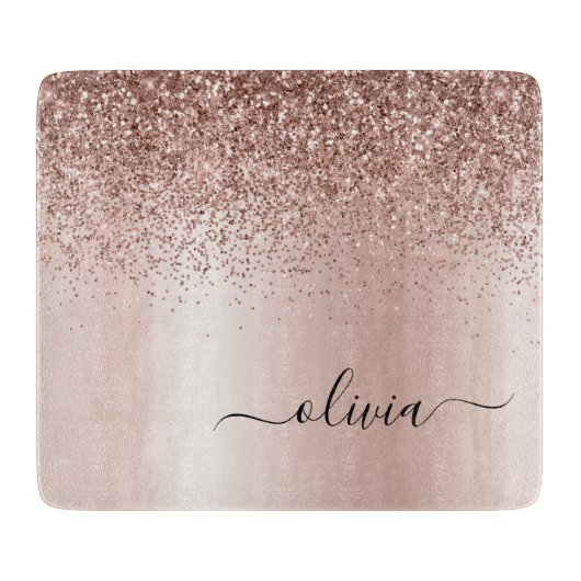 Roze Goud - Blush Roze Glitter Metaal Monogram Naa Snijplank (Voorkant)