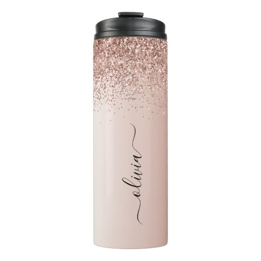 Roze Goud - Blush Roze Glitter Metaal Monogram Naa Thermosbeker (Voorkant)