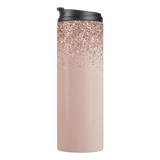 Roze Goud - Blush Roze Glitter Metaal Monogram Naa Thermosbeker (Geroteerd rechts)