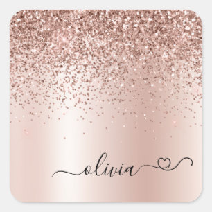 Roze Goud - Blush Roze Glitter Metaal Monogram Naa Vierkante Sticker