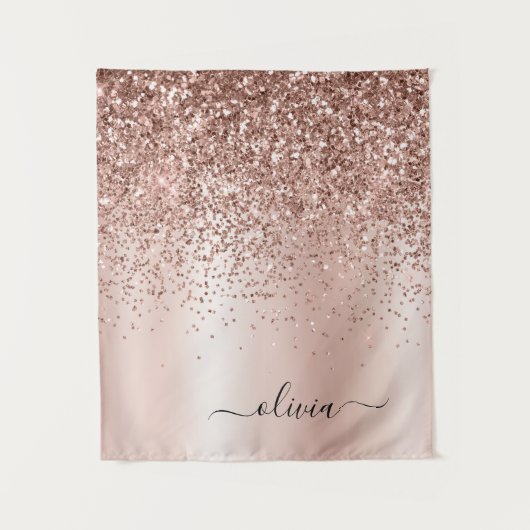 Roze Goud - Blush Roze Glitter Metaal Monogram Naa Wandkleed (Voorkant)