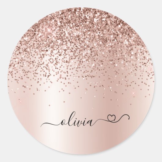 Roze Goud - Blush Roze Glitter Metaal Monogram Nam Ronde Sticker (Voorkant)