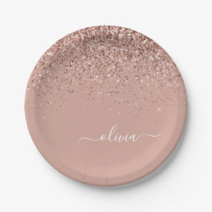 Roze Goud - Blush Roze Glitter Monogram Naam Papieren Bordje