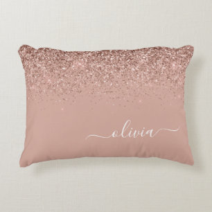 Roze Goud Blush Roze Glitter Script Monogram Meisj Accent Kussen