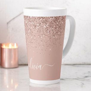 Roze Goud Blush Roze Glitter Script Monogram Meisj Latte Mok