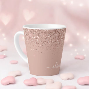 Roze Goud Blush Roze Glitter Script Monogram Meisj Latte Mok