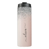 Roze Goud - Blush Roze Glitter Zilver Monogram Thermosbeker (Voorkant)