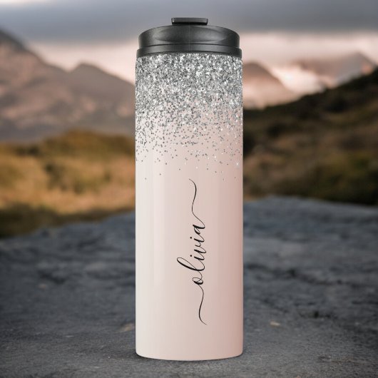 Roze Goud - Blush Roze Glitter Zilver Monogram Thermosbeker