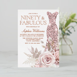 Roze Goud, Blush Roze Jurk 90ste Verjaardagsfeestj Folie Uitnodiging