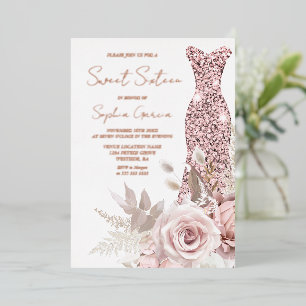 Roze Goud, Blush Roze Jurk Sweet 16 Echt Folie Uitnodiging