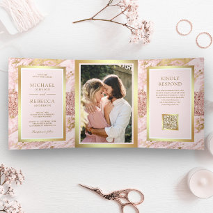 Roze Goud Blush Roze Marmer Foto QR Code Trouwen  Drieluik Uitnodiging
