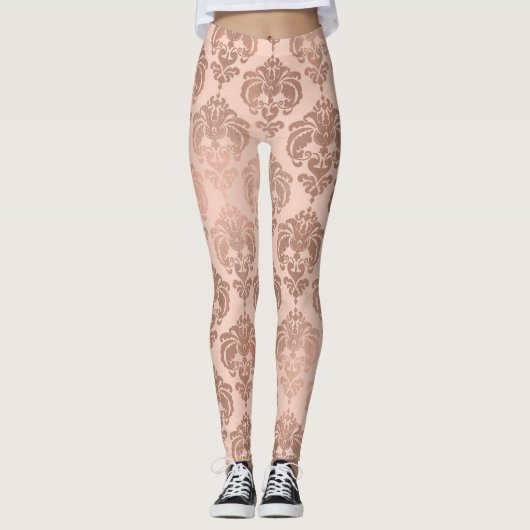 Roze Goud Blush Roze Moderne Glam Damast Leggings (Voorkant)