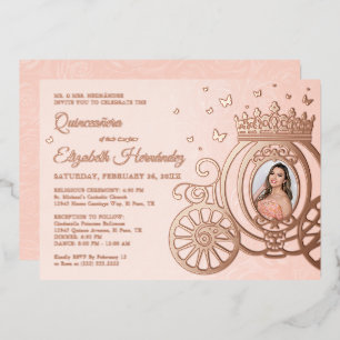 Roze Goud Blush Roze Quinceanera Prinses Foto Folie Uitnodiging