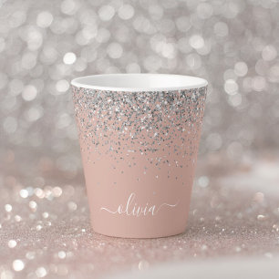 Roze Goud Blush Roze Zilver Glitter Monogram Meisj Latte Mok