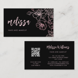 Roze Goud Blush Roze Zwart Bloem QR Code Zakelij Visitekaartje
