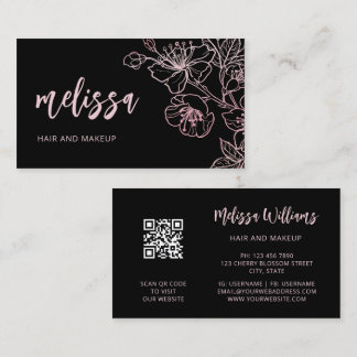 Roze Goud Blush Roze Zwart Bloem | QR Code Zakelij Visitekaartje