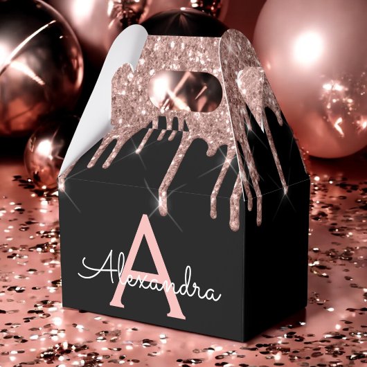 Roze Goud - Blush Roze Zwart Glitter Monogram Bedankdoosjes