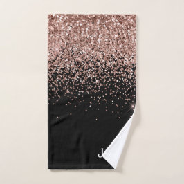 Roze Goud Blush Roze Zwart Glitter Monogram Meisje Handdoek