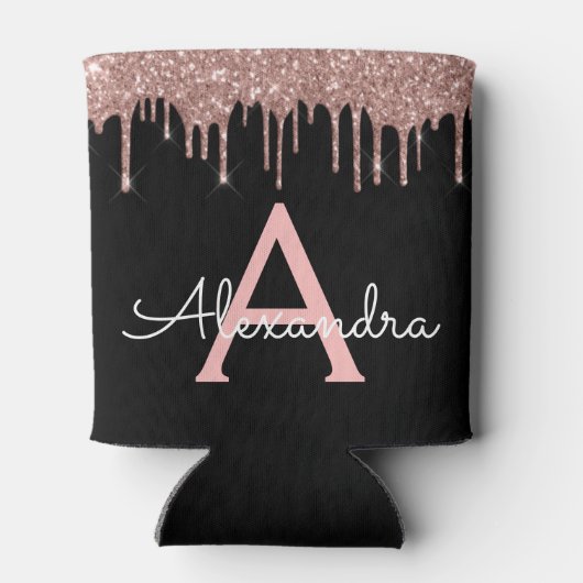 Roze Goud - Blush Roze Zwart Glitter Monogram Naam Blikjeskoeler (Achterkant)