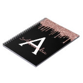 Roze Goud - Blush Roze Zwart Glitter Monogram Naam Notitieboek (Linkerzijde)