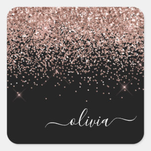 Roze Goud - Blush Roze Zwart Glitter Monogram Naam Vierkante Sticker