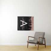 Roze Goud - Blush Roze Zwart Glitter Monogram Naam Wandkleed (In Situ (horizontaal))