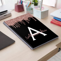 Roze Goud - Blush Roze Zwarte Glitter Monogram Naa