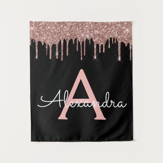 Roze Goud - Blush Roze Zwarte Glitter Monogram Naa Wandkleed (Voorkant)