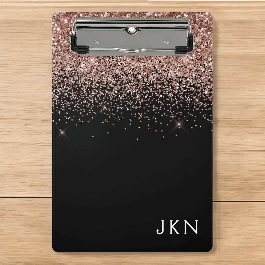Roze Goud Blush Roze Zwarte Glitters Monogram Meis Mini Klembord