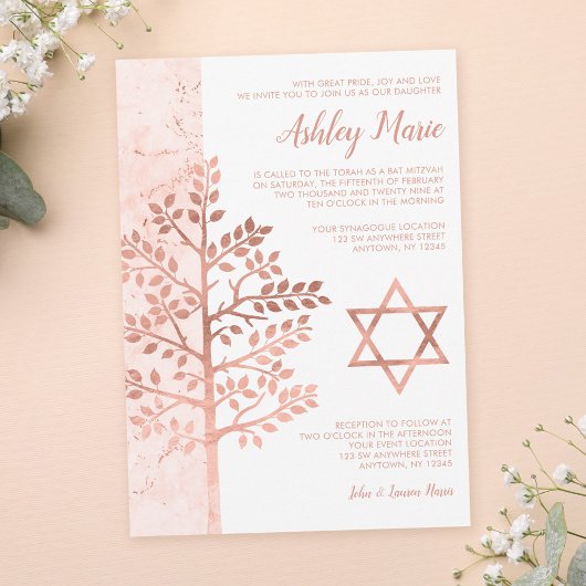 Roze Goud Boom des Levens Bat Mitzvah Uitnodiginge Kaart