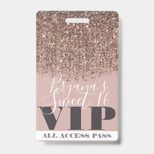 Roze Goud Bronzen Glitter Glam Sweet 16 VIP Pas Badge