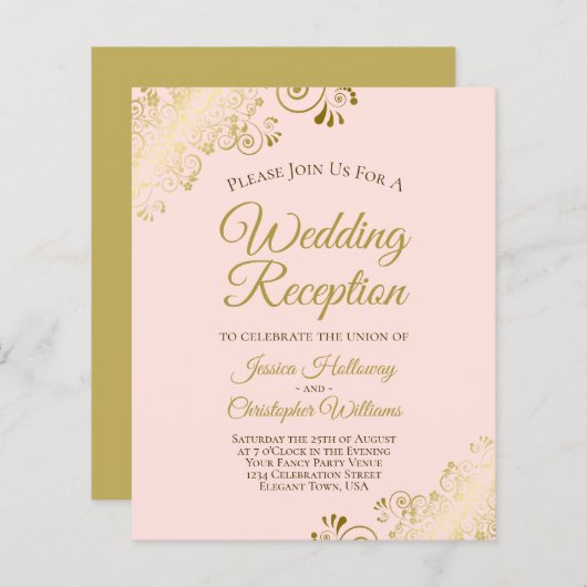 Roze & Goud Budget Bruiloft Receptie Uitnodigen (Voorkant / Achterkant)