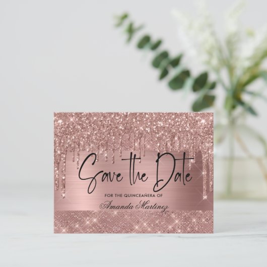 Roze Goud Chic Quinceañera Save The Date Briefkaart (Staand voorkant)
