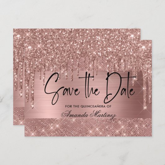 Roze Goud Chic Quinceañera Save The Date Briefkaart (Voorkant / Achterkant)