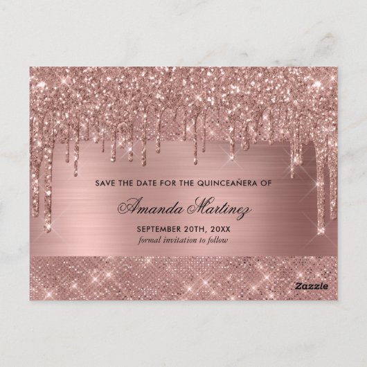 Roze Goud Chic Quinceañera Save The Date Briefkaart (Achterkant)