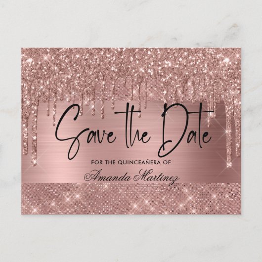 Roze Goud Chic Quinceañera Save The Date Briefkaart (Voorkant)