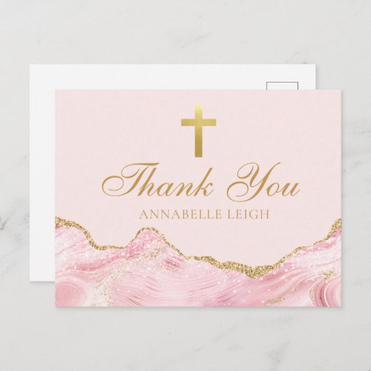 Roze Goud Christelijk Kruis Gepersonaliseerd Dank  Briefkaart (Voorkant / Achterkant)