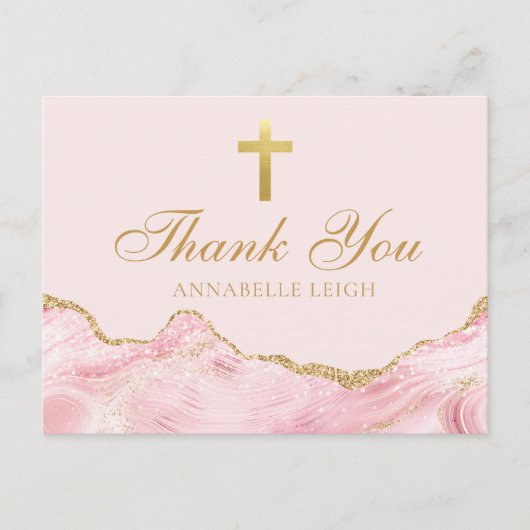 Roze Goud Christelijk Kruis Gepersonaliseerd Dank  Briefkaart (Voorkant)
