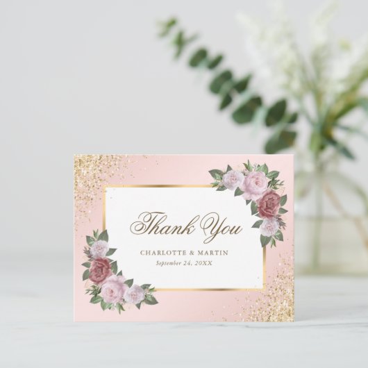 Roze Goud Confetti Bloem Bruiloft Dankjewel Briefkaart (Staand voorkant)