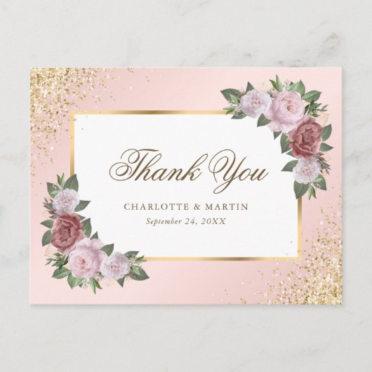Roze Goud Confetti Bloem Bruiloft Dankjewel Briefkaart (Voorkant)