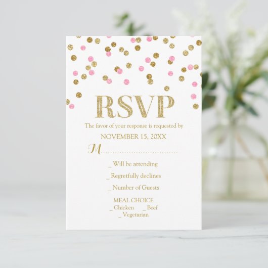 Roze Goud Confetti bruiloft RSVP Kaarten (Staand voorkant)