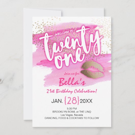 Roze Goud Confetti Modern 21e Verjaardagsuitnodigi Kaart (Voorkant)