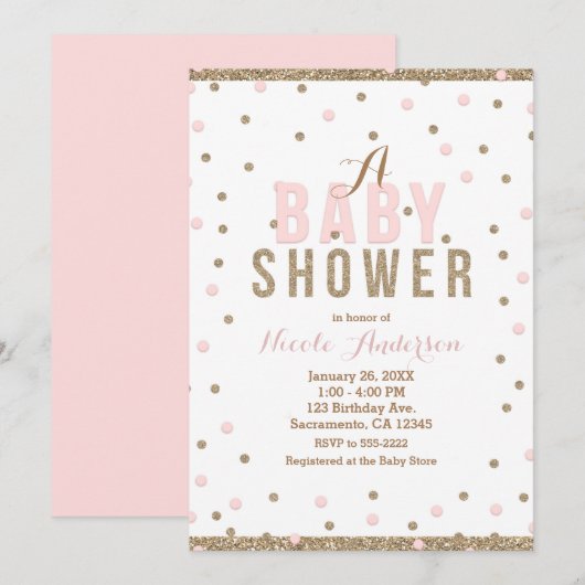Roze & Goud Confetti Stippen Meisjes Baby shower Kaart (Voorkant / Achterkant)