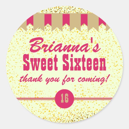 Roze & Goud Confetti Sweet 16 Party Stickers (Voorkant)