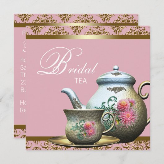 Roze Goud Damask Bruids Thee Douche Kaart (Voorkant / Achterkant)