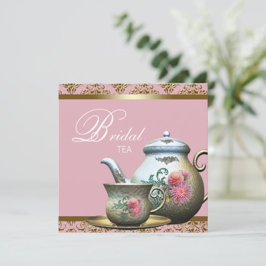 Roze Goud Damask Bruids Thee Douche Kaart (Staand voorkant)