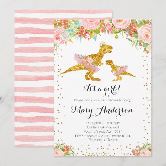 Roze Goud Dino Meisje Baby shower Invite Kaart (Voorkant / Achterkant)