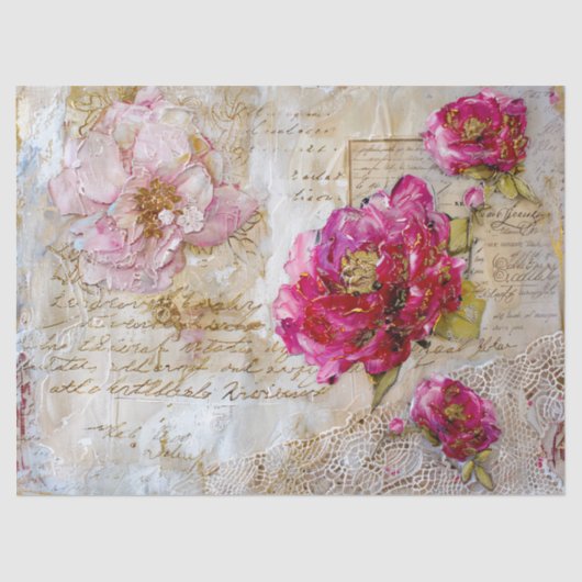 Roze & Goud Distressed  Bloemen Decoupage Tissuepapier (Voorkant)