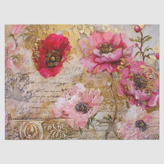Roze & Goud Distressed Bloemen Decoupage Tissuepapier (Voorkant)