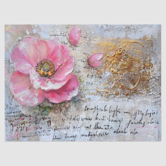 Roze & Goud Distressed  Bloemen Decoupage Tissuepapier (Voorkant)